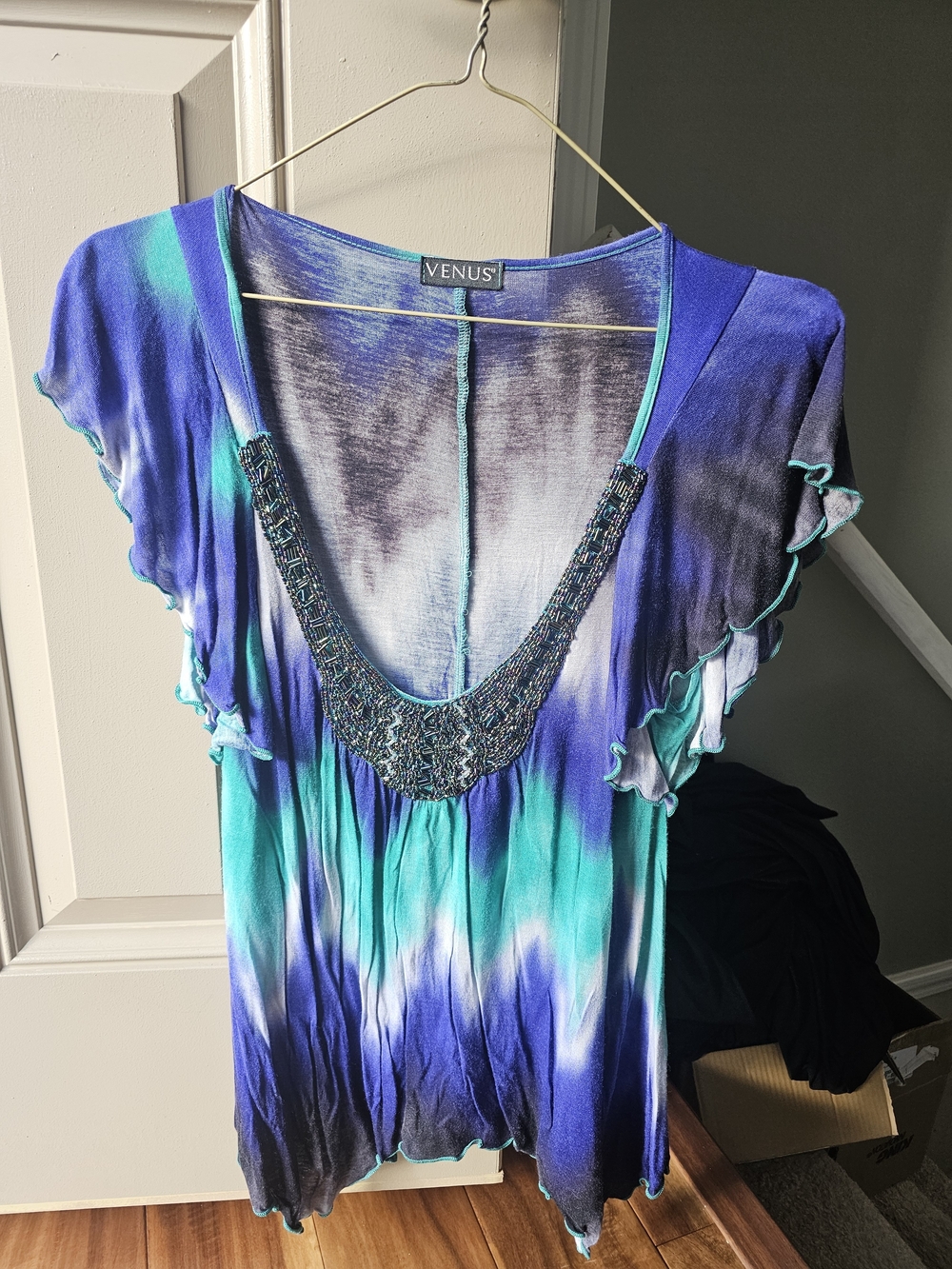 VENUS Blue Teal Ombre Beaded Scoop Neck Blouse
